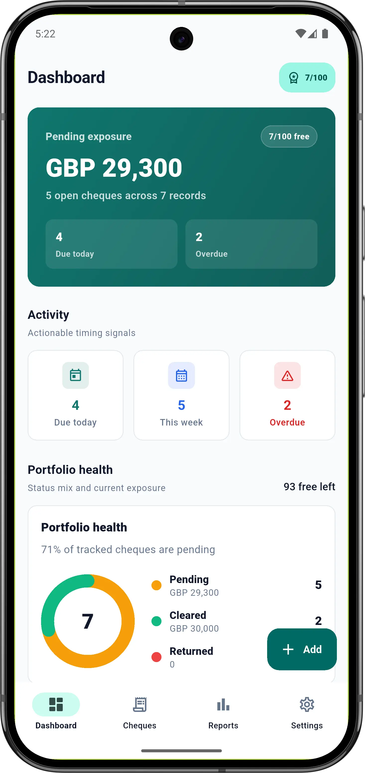 Dashboard - portfolio balance and cheque overview